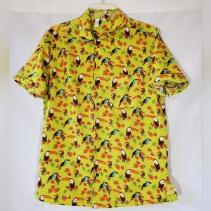 VINTAGE AMSCAN TOUCAN PARROT FLORAL HAWAIIAN STYLE BUTTON DOWN SHIRT